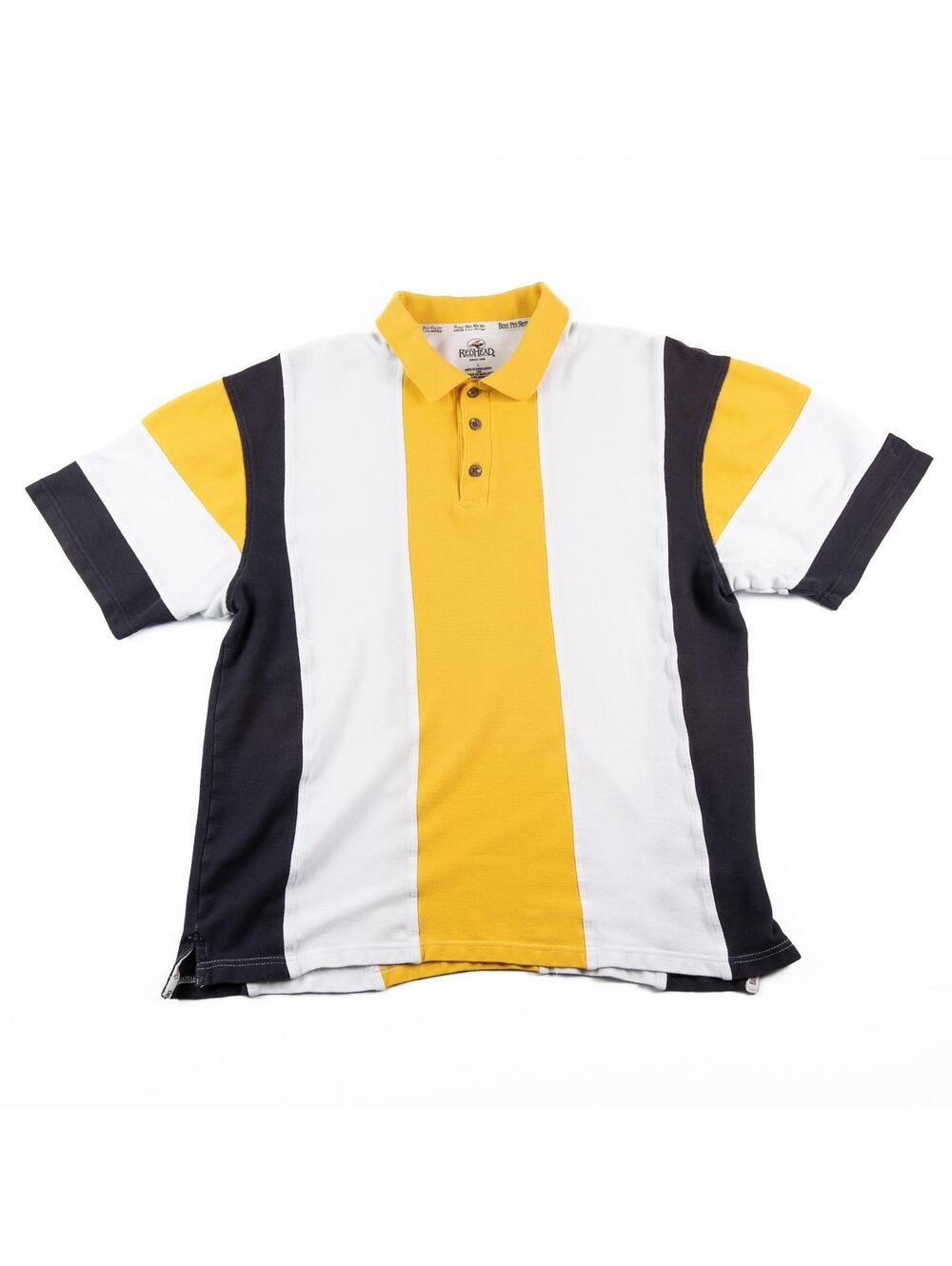 Y2K RedHead Polo Shirt Mens Large Yellow Striped Colorblock Short Sleeve